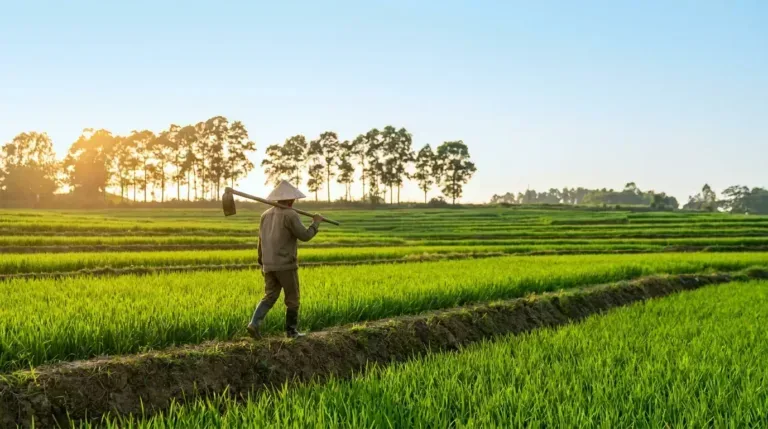 Ảnh minh họa cánh đồng lúa vùng đồng bằng Bắc Bộ buổi chiều với người nông dân đi bộ trên bờ ruộng