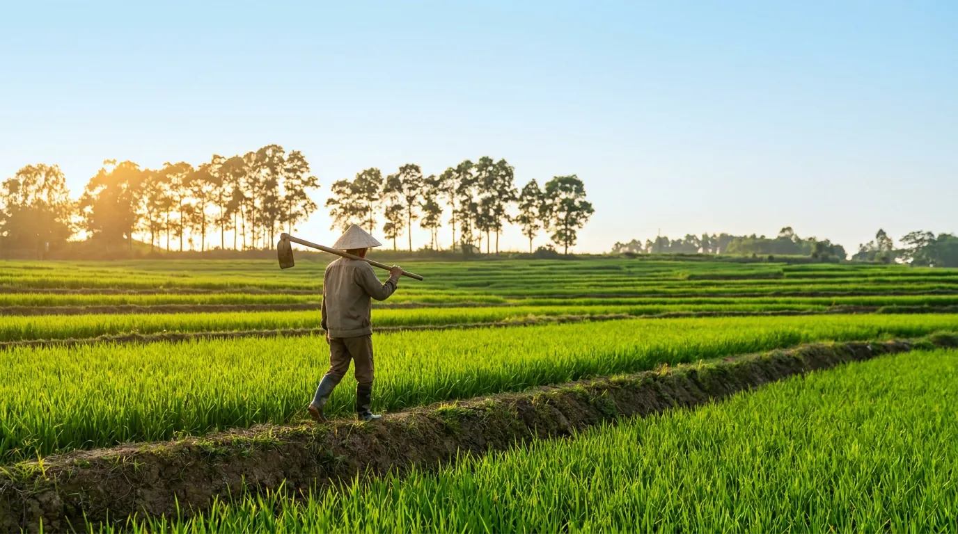 Ảnh minh họa cánh đồng lúa vùng đồng bằng Bắc Bộ buổi chiều với người nông dân đi bộ trên bờ ruộng