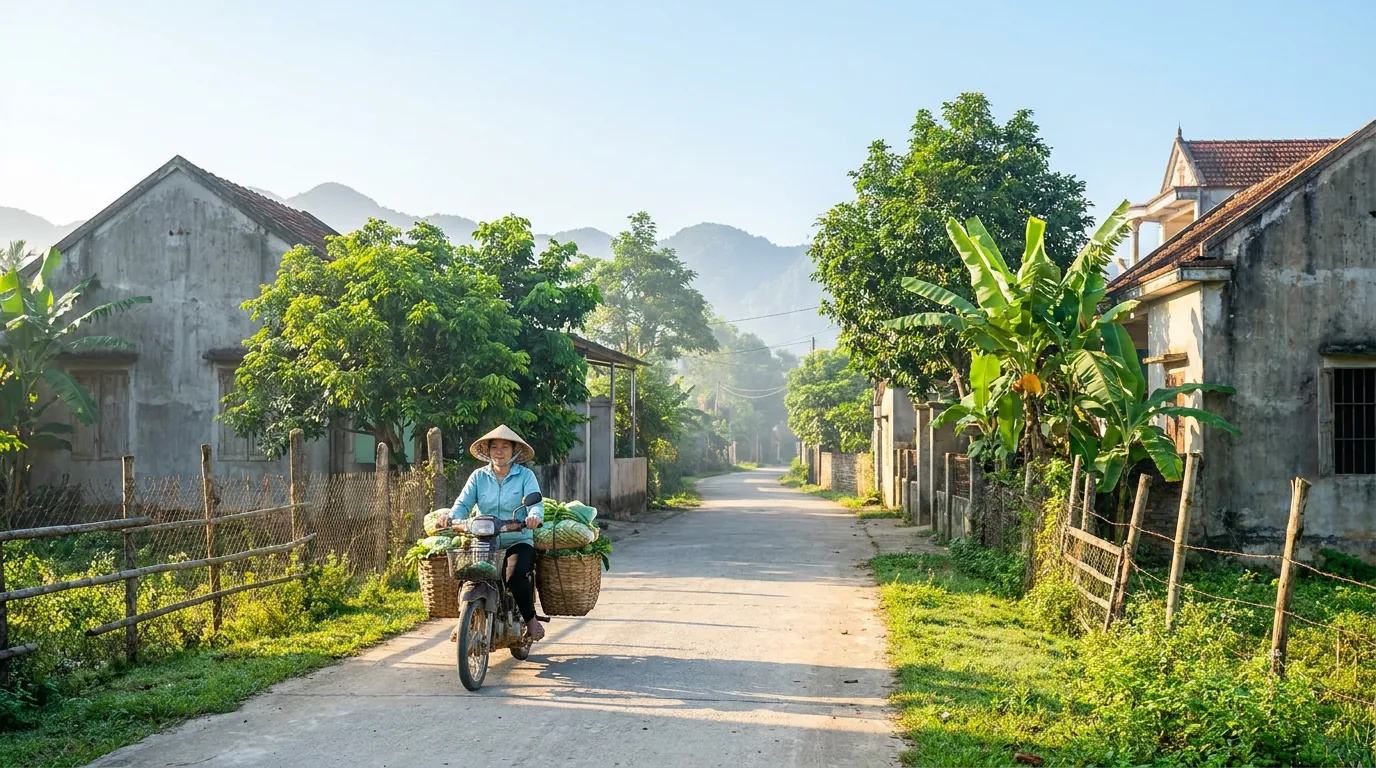 Ảnh minh họa đường bê tông liên thôn vùng nông thôn Bắc Bộ với xe máy chở hàng buổi sáng