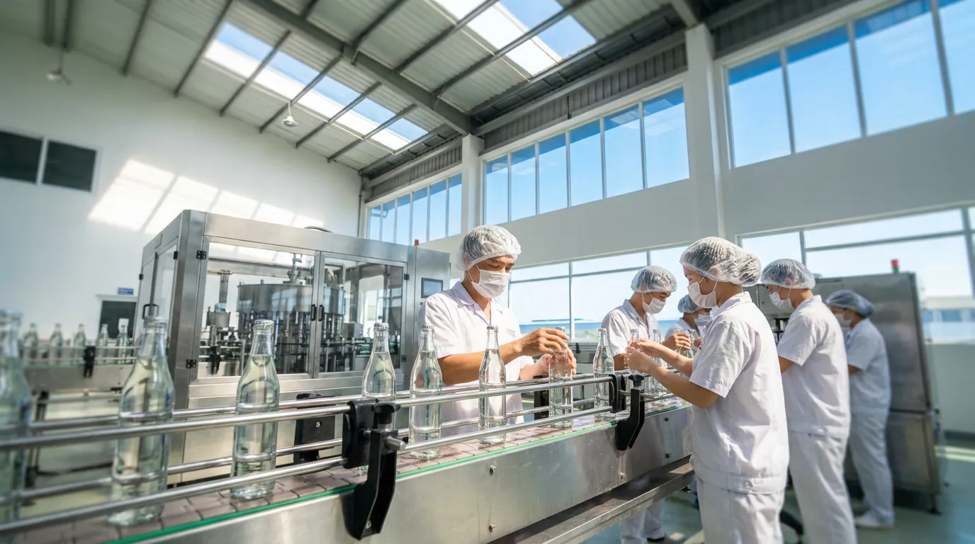 Ảnh minh họa dây chuyền chế biến thực phẩm đồ uống với công nhân Việt Nam